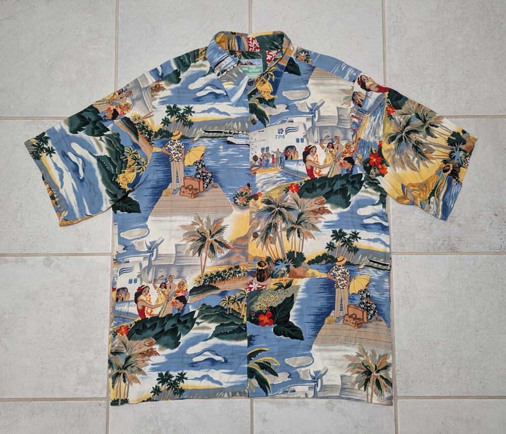 Reyn Spooner Men's Large Hawaiian Shirt Rayon Honolulu Vintage USA Airplane